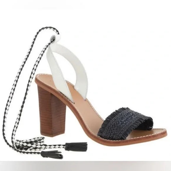 J Crew Raffia Ankle Wrap Tie Black White Sandals Block Heels, Size 7.5 - Picture 1 of 15